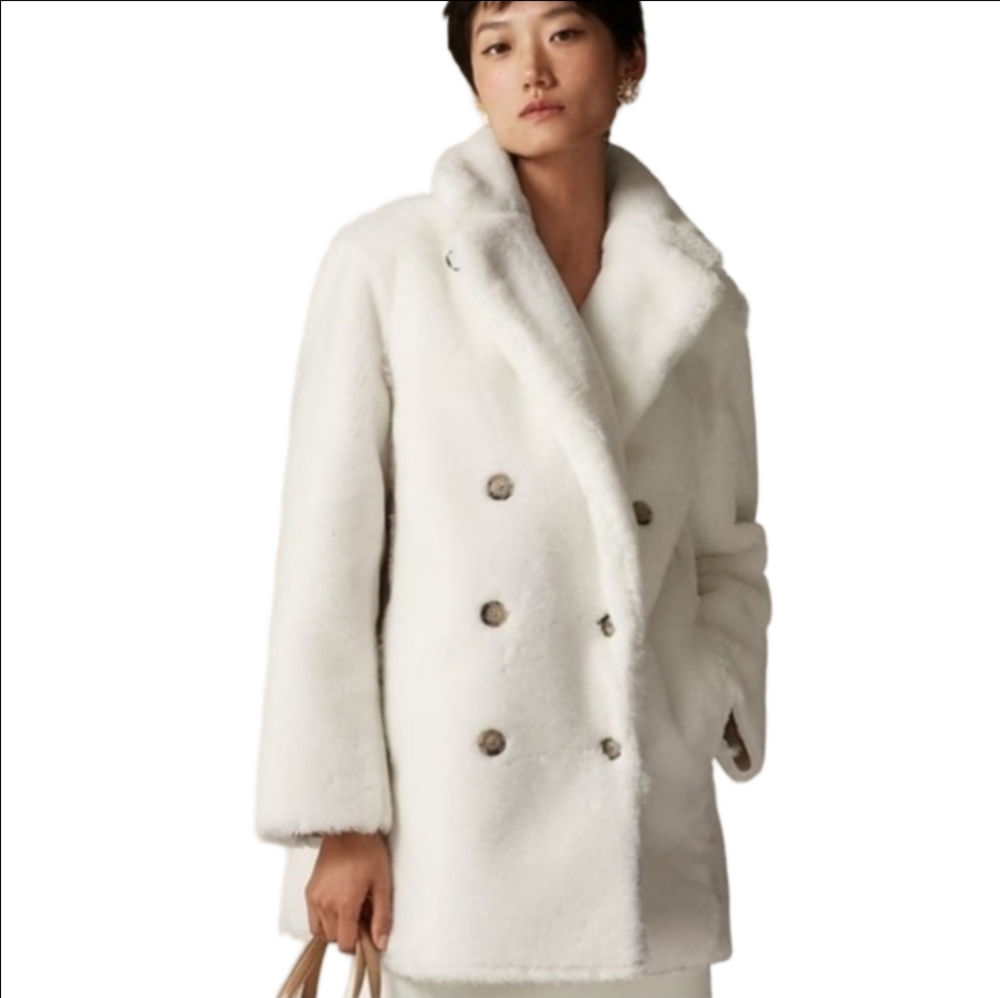 J Crew Faux-fur peacoat CF697 Size L NWT Winter White